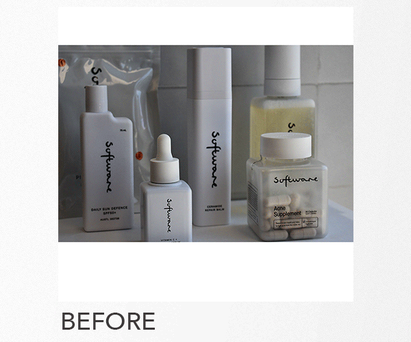 Collection of skincare products, including a spray bottle, a dropper bottle, a tall capsule, a box, and a jar, all labeled with the brand name 'Software'.