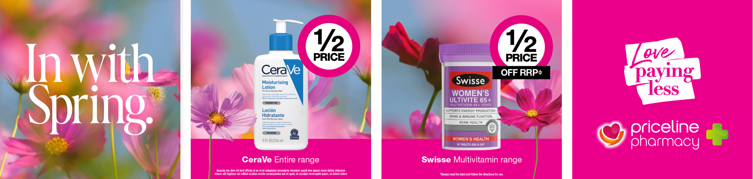 Spring promotional advertisement showcasing skincare and vitamin products, including CeraVe moisturizer and Swisse multivitamins, with a background of pink flowers and text about discounts and pharmacy branding.