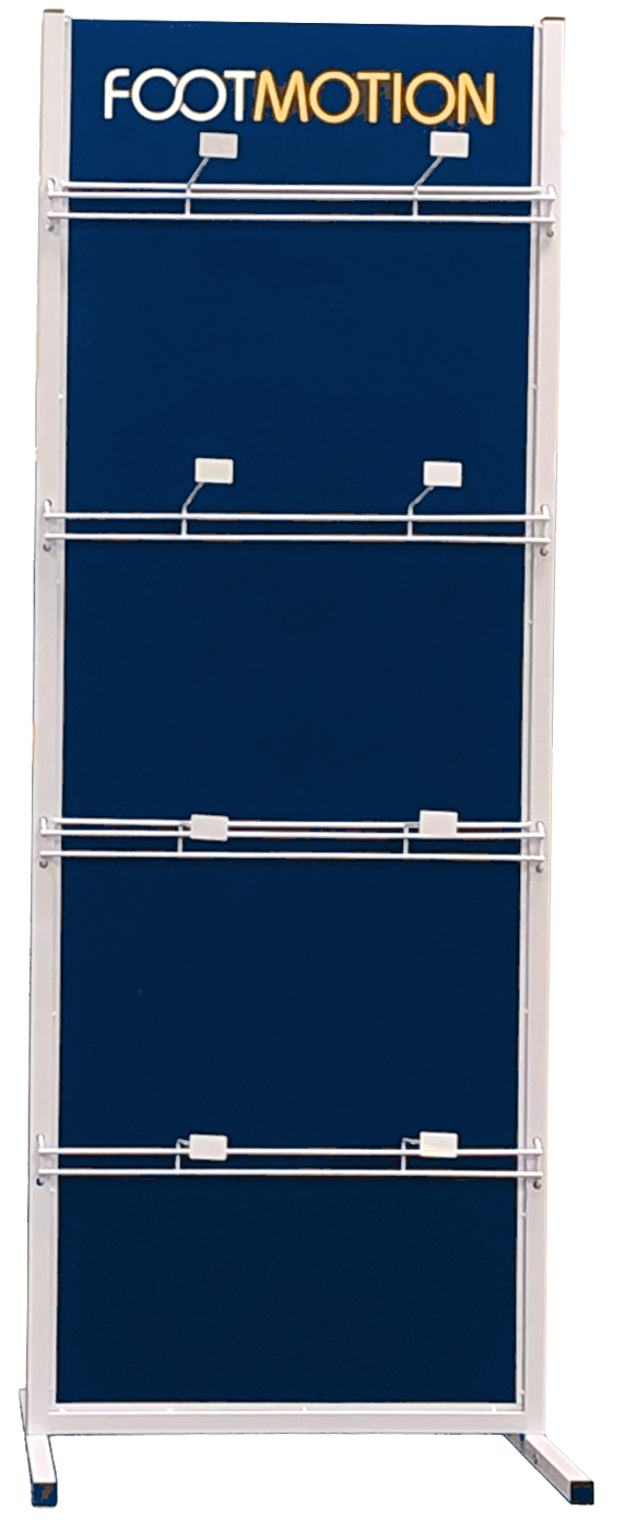 A blue display board with the logo 'FOOT MOTION' at the top and four empty wire racks underneath, set against a light-colored wall.