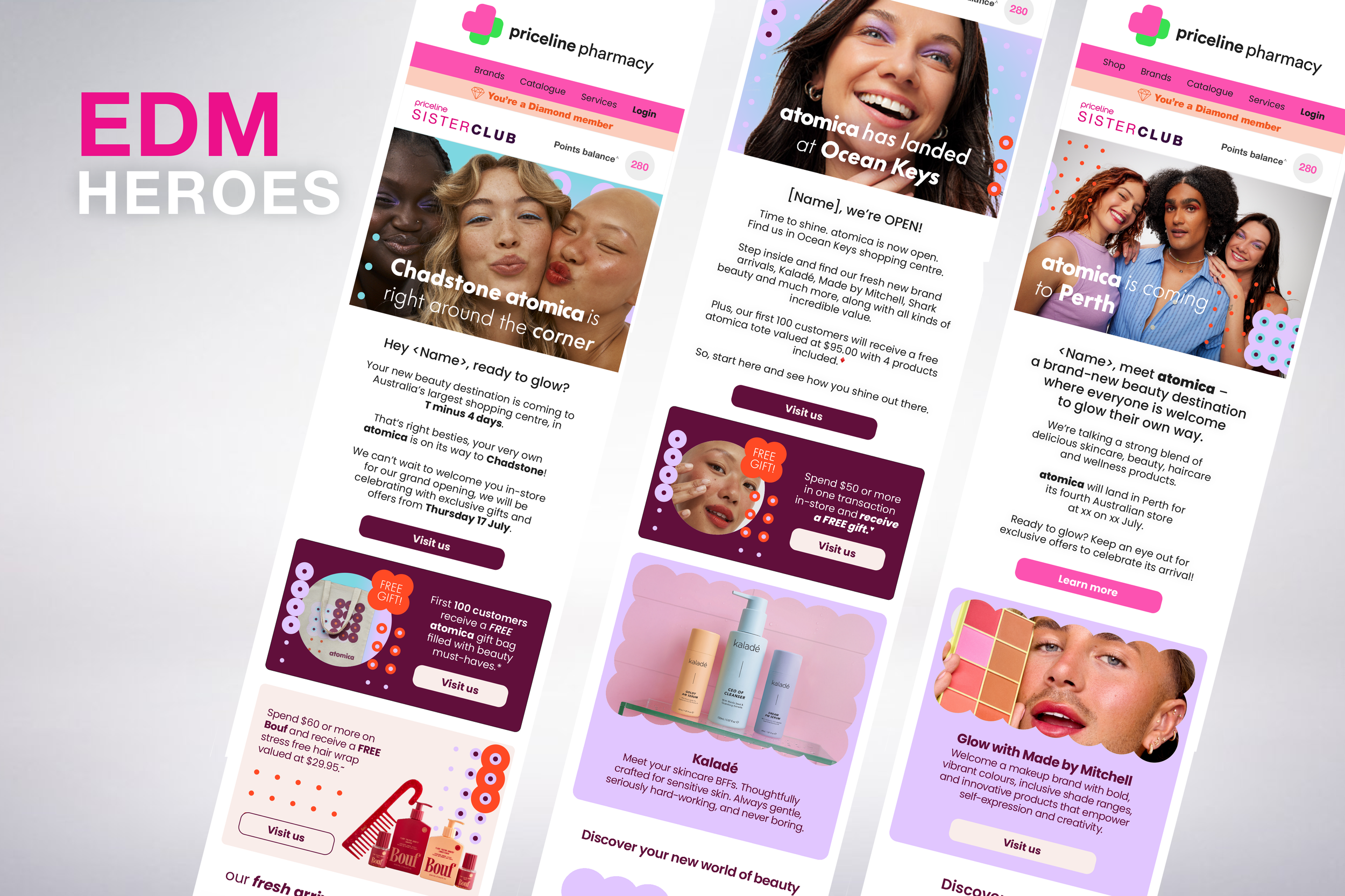 Screenshots of two mobile app screens and a promotional poster for Priceline Pharmacy, featuring advertisements for cosmetic brands, store openings, special offers, and promotional gifts, with images of smiling diverse women and beauty products.