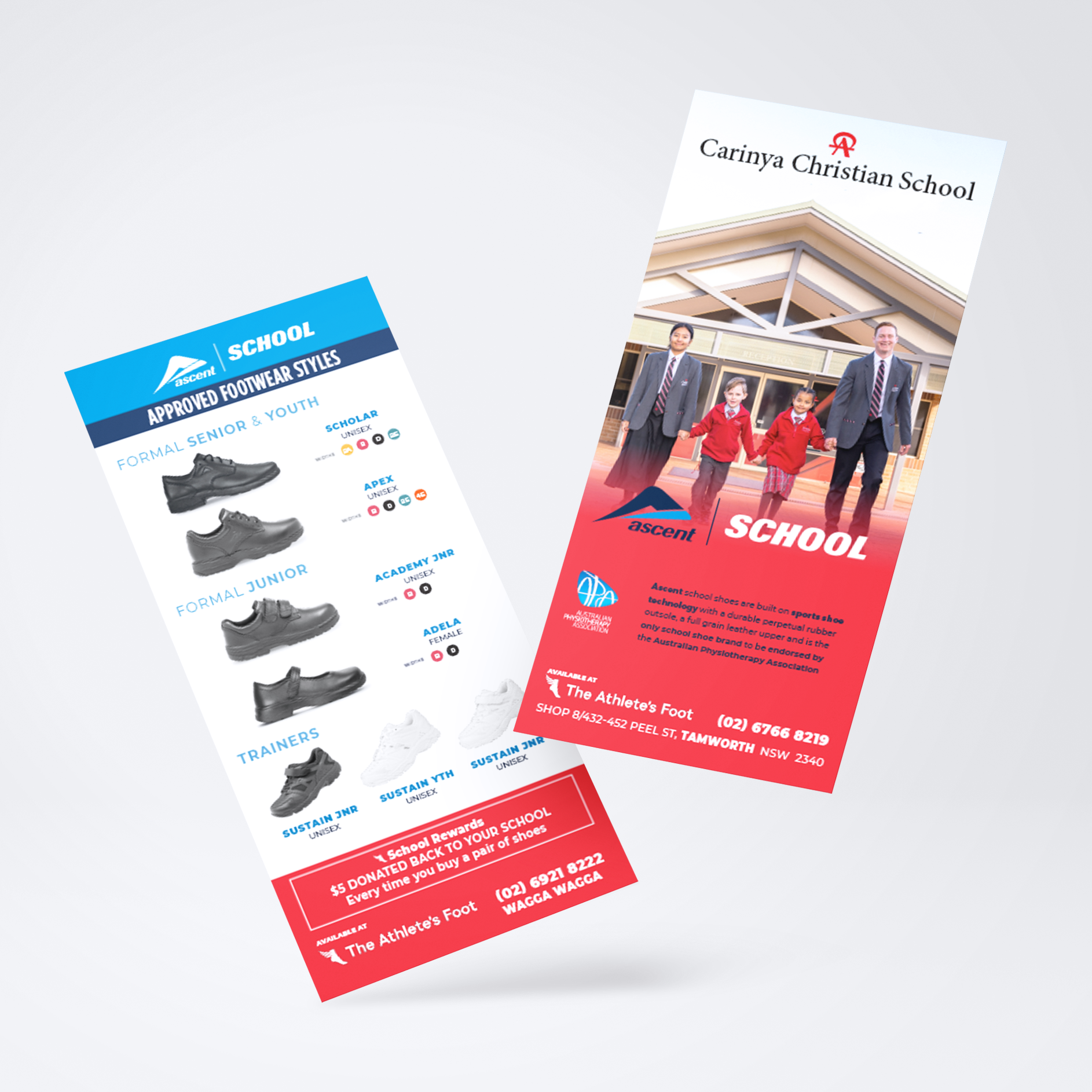 Promotional flyer for Carinya Christian School featuring students and school shoes with details about shoe styles and contact information.