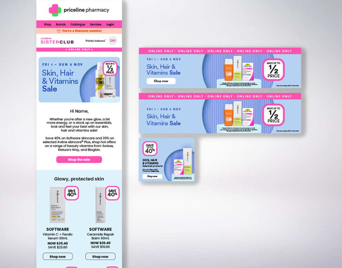 Email advertisement for Priceline Pharmacy featuring skin, hair, and vitamins sale with discounts up to 50%, two printable coupons, and product offers on skincare and supplements.
