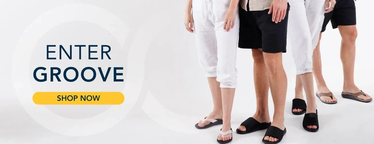 Line of people wearing sandals, standing against a white background, with a promotional ad that says "Enter Groove" and a yellow "Shop Now" button.
