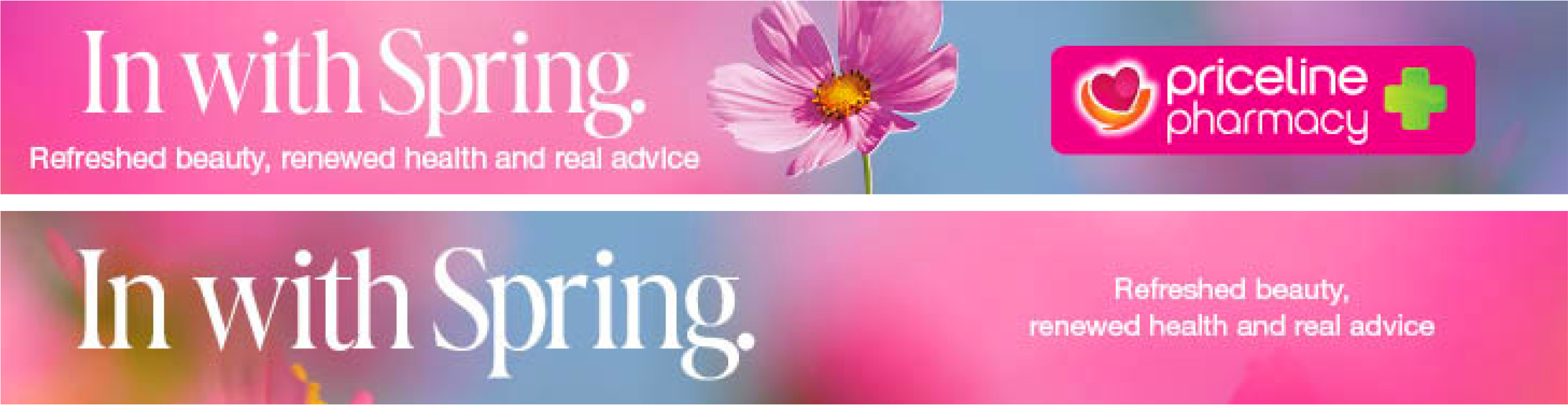Two promotional banners for Priceline Pharmacy with pink and purple floral backgrounds. The banners feature the text 'In with Spring' and the Priceline Pharmacy logo.