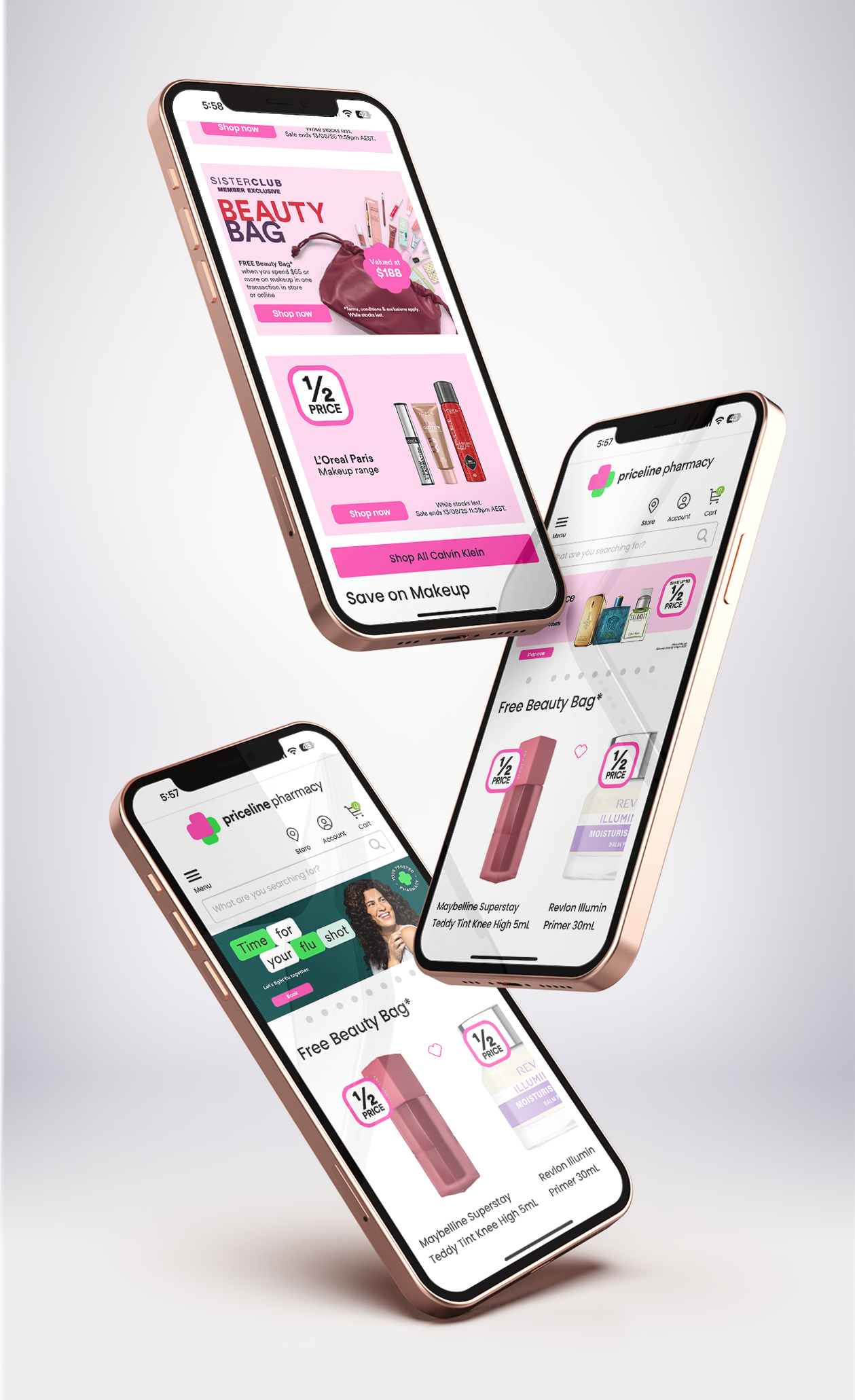 Three pink smartphones floating mid-air displaying an online pharmacy store with beauty and skincare products on a white background.