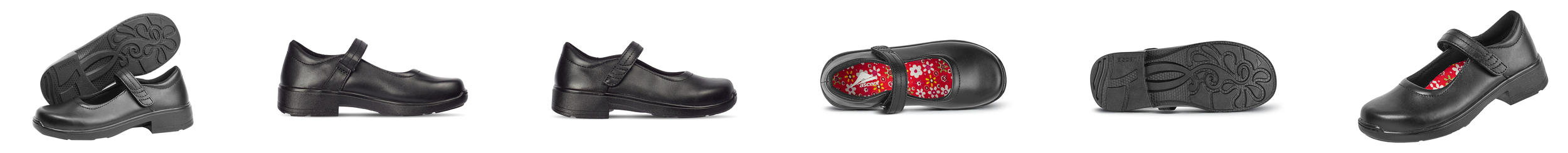 A row of children’s black Mary Jane shoes with a strap, shown from various angles, some with red and floral patterned insoles.