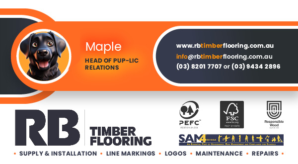 Business card for RB Timber Flooring featuring a cartoon dog logo, contact information, and certifications in timber flooring, including PEFC and FSC logos.