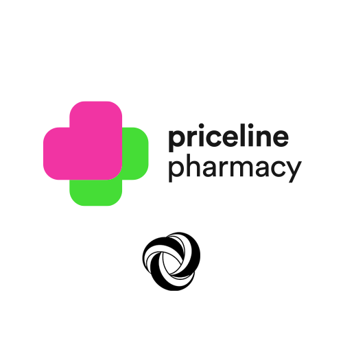 Logo for Priceline Pharmacy featuring a pink and green cross and a black and white circular emblem.