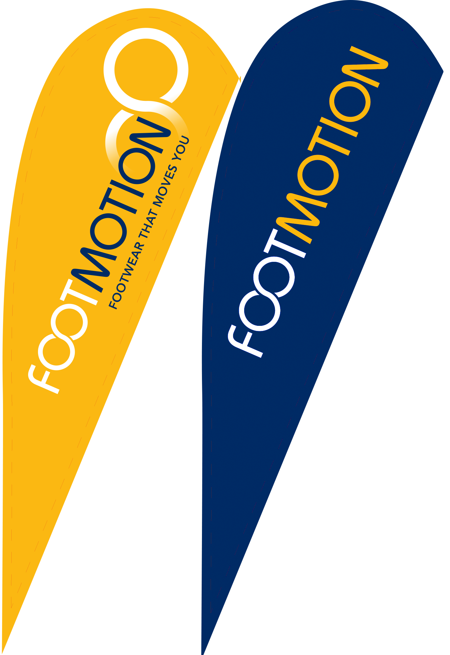 Two branded flags, one yellow with blue and white text, and one navy blue with yellow and white text, promoting footwear by Footglow.