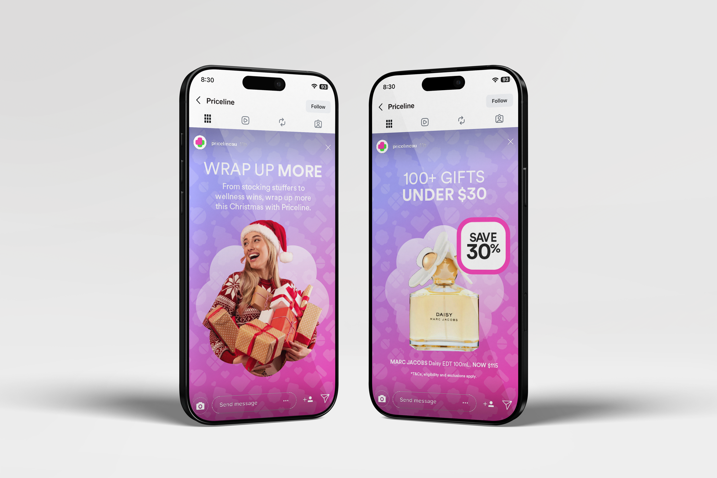 Two smartphones displaying holiday promotional Instagram stories for gift wrapping and perfume discounts, with purple backgrounds and festive graphics.
