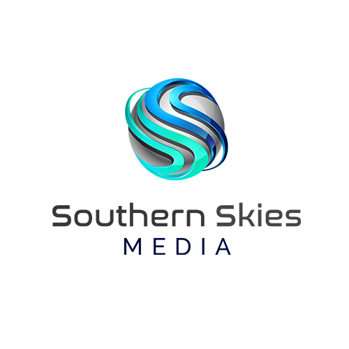 Logo of Southern Skies Media featuring a stylized globe with blue and teal swirling lines