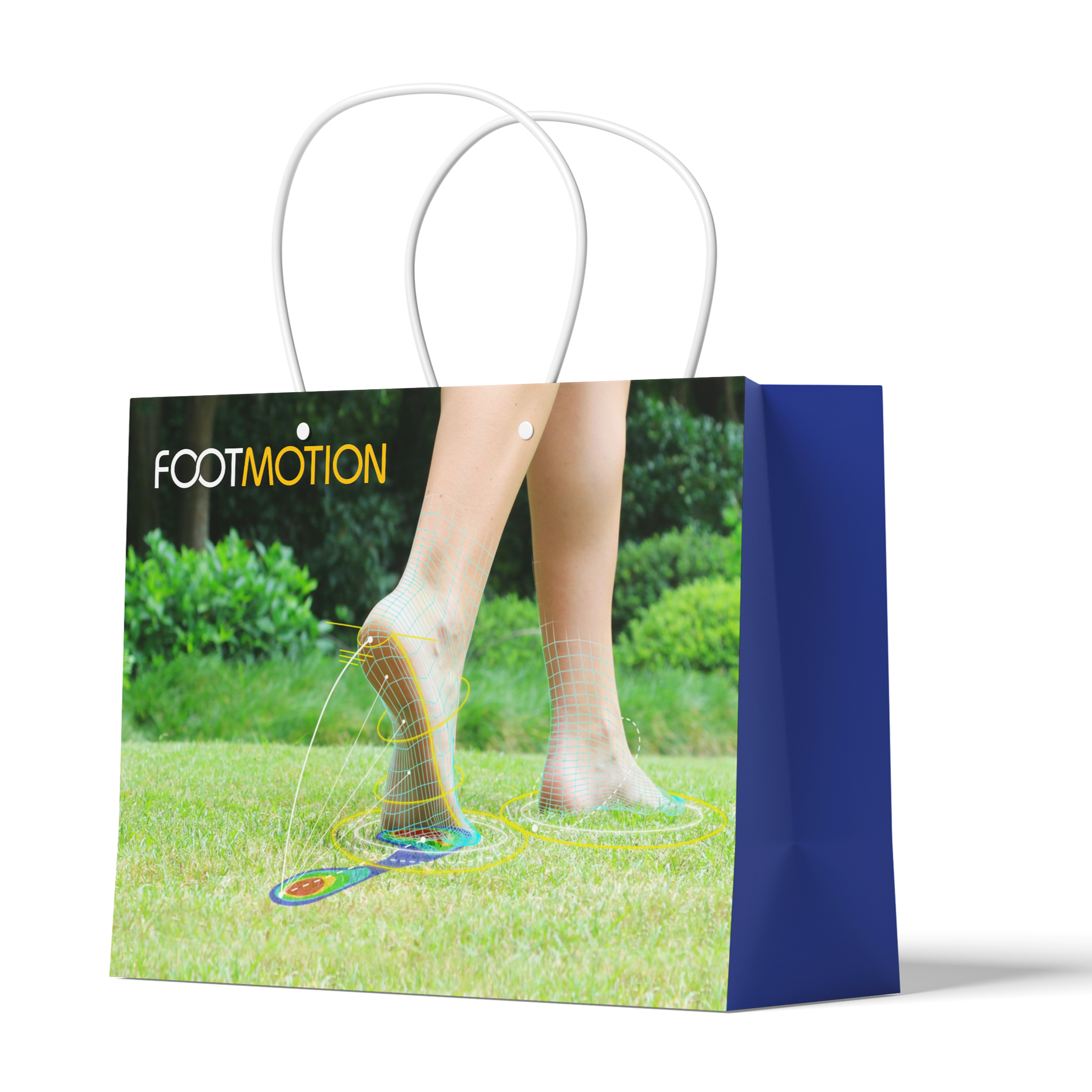 A shopping bag featuring a graphic of a person's feet with animated grid lines and circular motion lines on grass, with the text 'FOOTMOTION' in the top left corner.