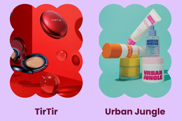 Makeup and skincare products from TirTir and Urban Jungle brands displayed with colorful backgrounds.