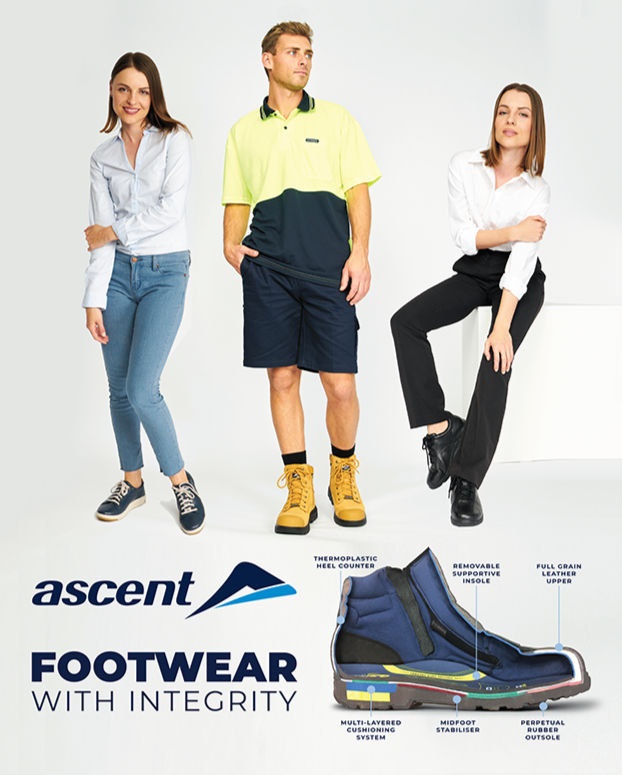 Three young adults standing and sitting against a white background, wearing casual clothing, with a diagram of a specialized boot showing features like a thermoplastic heel counter, removable supportive insole, full grain leather upper, multi-layered cushioning system, midfoot stabilizer, and perpetual rubber outsole, along with the brand name Ascent and the tagline 'Footwear with Integrity'.