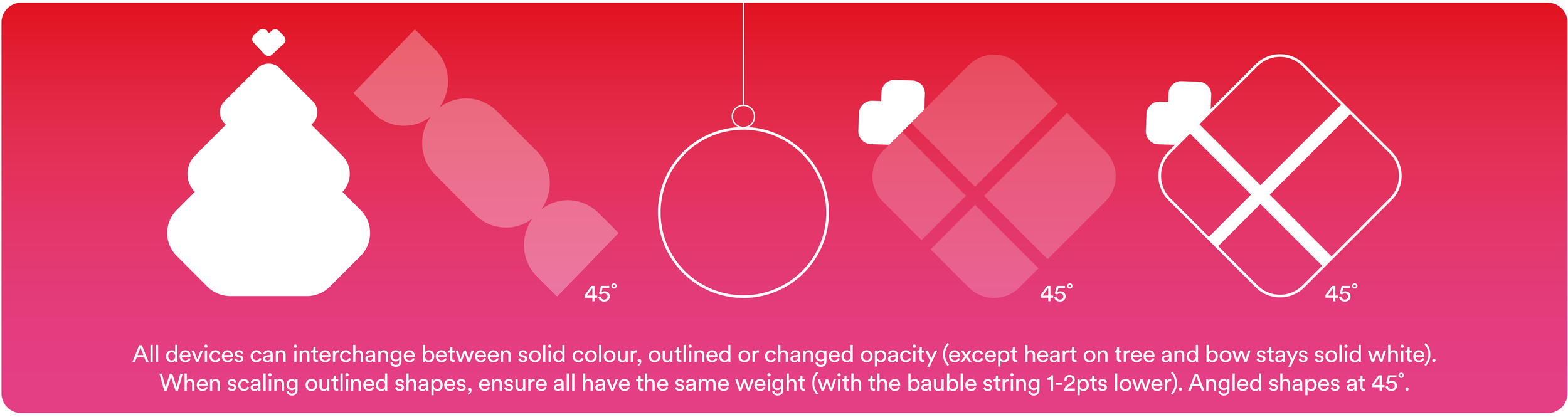 Graphic demonstrating the interchangeability of solid color, outlined, or semi-transparent devices, with instructions on scaling shapes at 45 degrees and maintaining consistent weight.