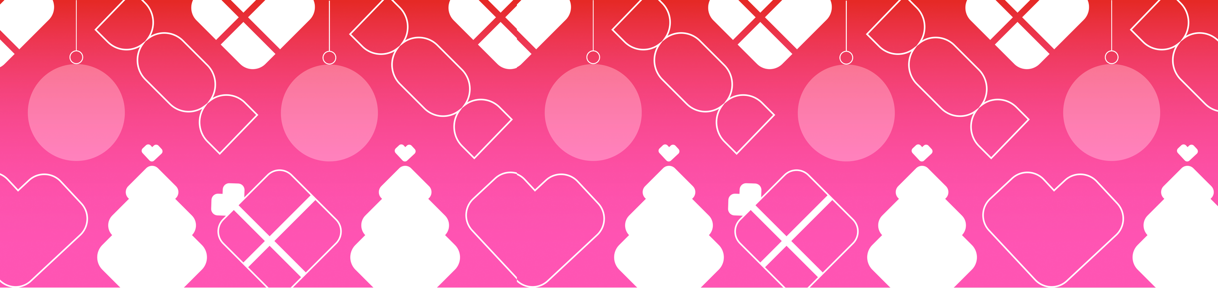Pattern of white Christmas ornaments, hearts, presents, and trees on a pink and red gradient background.