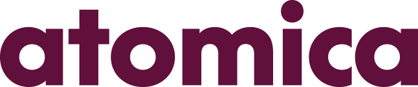 Close-up of a purple logo reading 'atomica' against a white background.