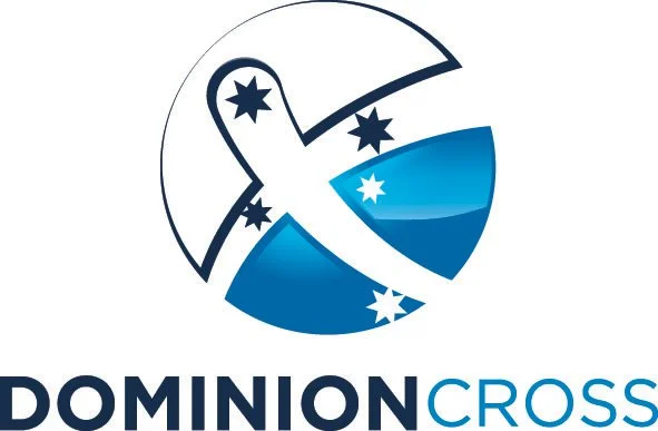 Logo featuring a stylized airplane flying over a globe, with the words 'Dominion Cross' below.