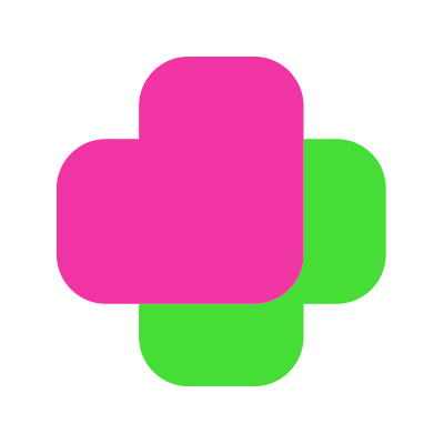 A graphic of overlapping pink and green squares with rounded corners.