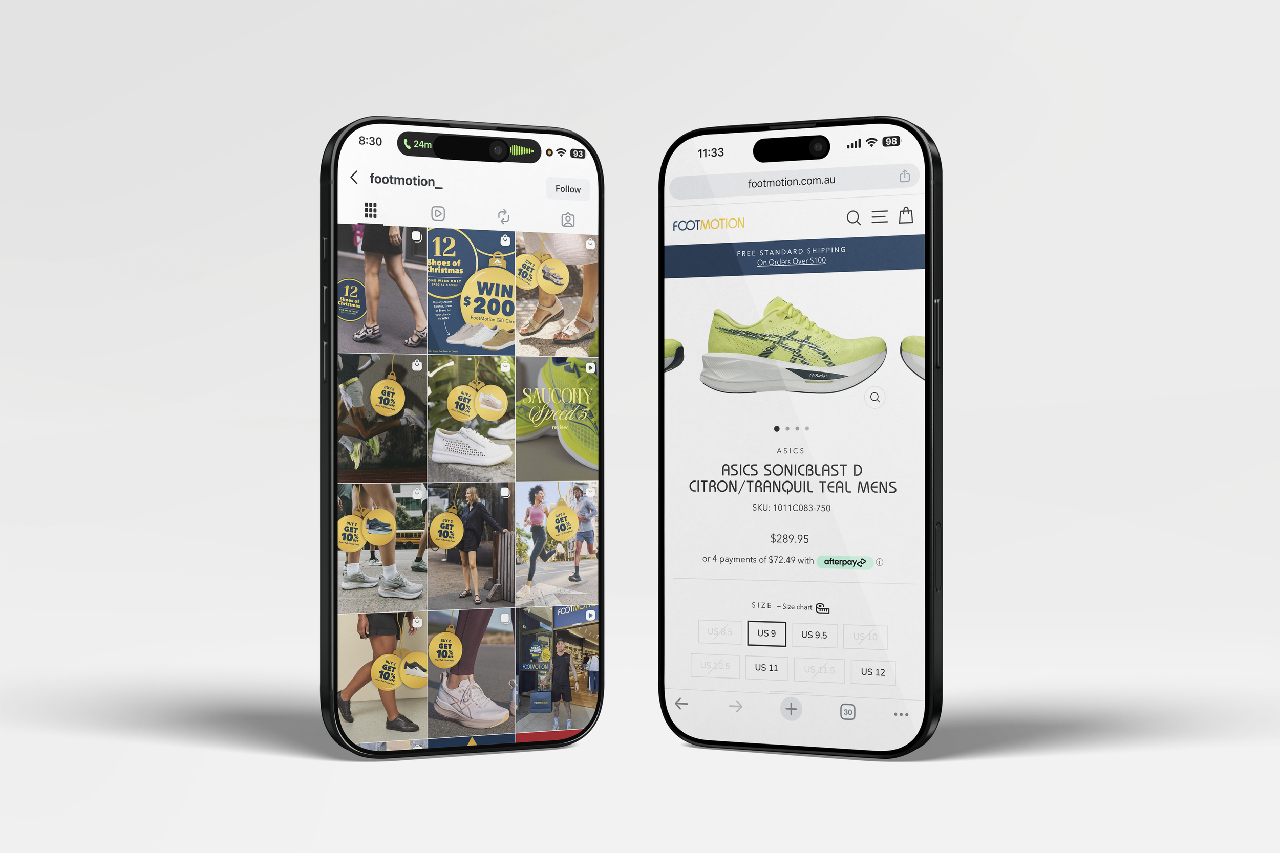 Two smartphones displaying online shopping for sneakers, with one showing a grid of sneaker product images and promotions, and the other showing a detailed view of a lime green ASICS running shoe with price and size options.