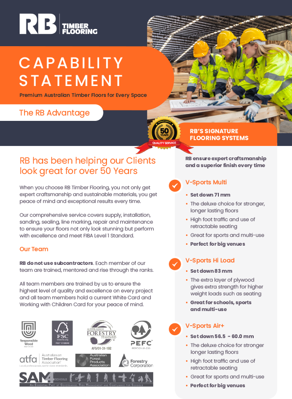 Brochure for RB Timber Flooring's capability statement, depicting three construction workers in yellow safety helmets and high-visibility vests reviewing plans inside a warehouse with wooden flooring.