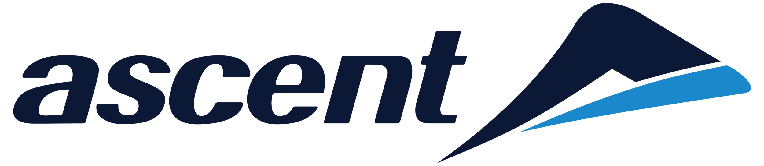 The logo for Ascent, featuring the name in dark blue lowercase letters with a stylized mountain and pages in shades of blue to the right.