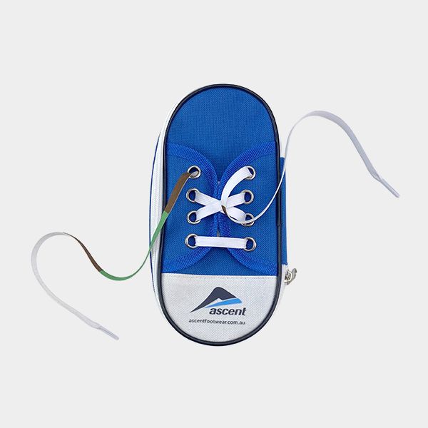 Blue shoe-shaped backpack with white laces and a logo that says 'ascent' and a website URL.
