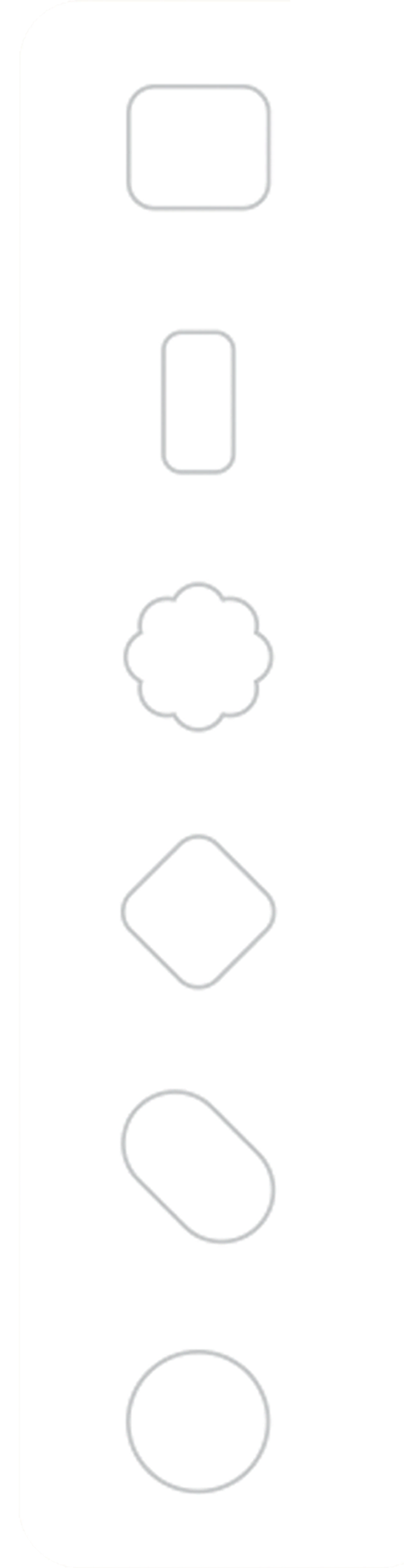 Series of simple geometric shapes in a vertical line, including a rounded square, a rectangle, a flower-like shape, a rhombus, an oval, and a circle.