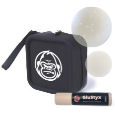 NipStyx pack - A small black bag with a NipStyx logo, two nipple shields, and a tube of GluStyx adhesive.