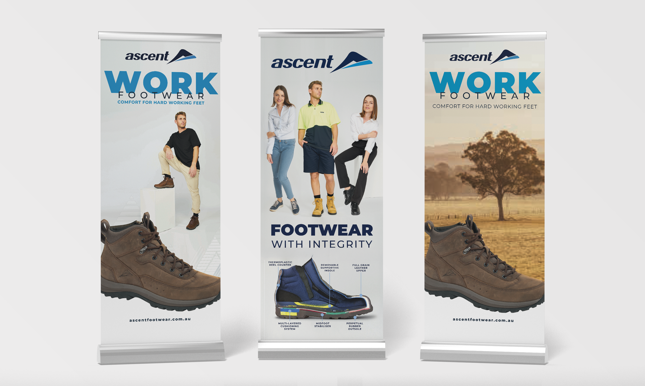 Three vertical banners advertising Ascent Work Footwear. The first and third banners feature a brown work boot with the website ascentfootwear.com.au at the bottom. The middle banner shows three models and an illustrated cross-section of a work shoe highlighting various features; it includes the text "Footwear with Integrity." The background of each banner has different outdoor and indoor scenes.
