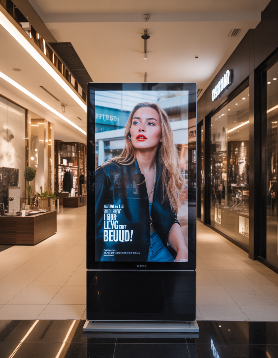 Indoor shopping mall digital advertising display showing a woman with blonde hair, wearing a black leather jacket and red lipstick.