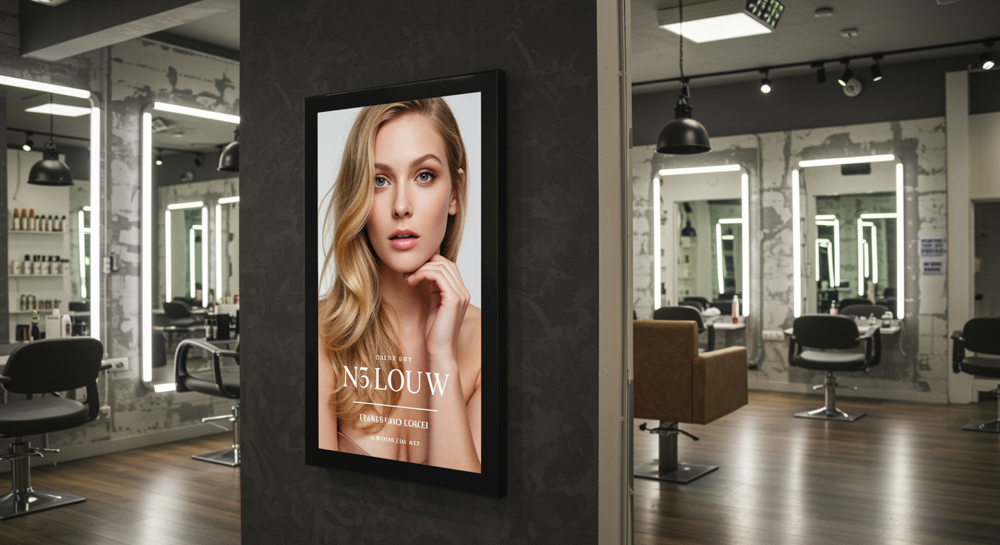 Modern hair salon interior with styling stations, mirrors with LED lighting, and a large advertisement poster of a woman with blonde hair and makeup.