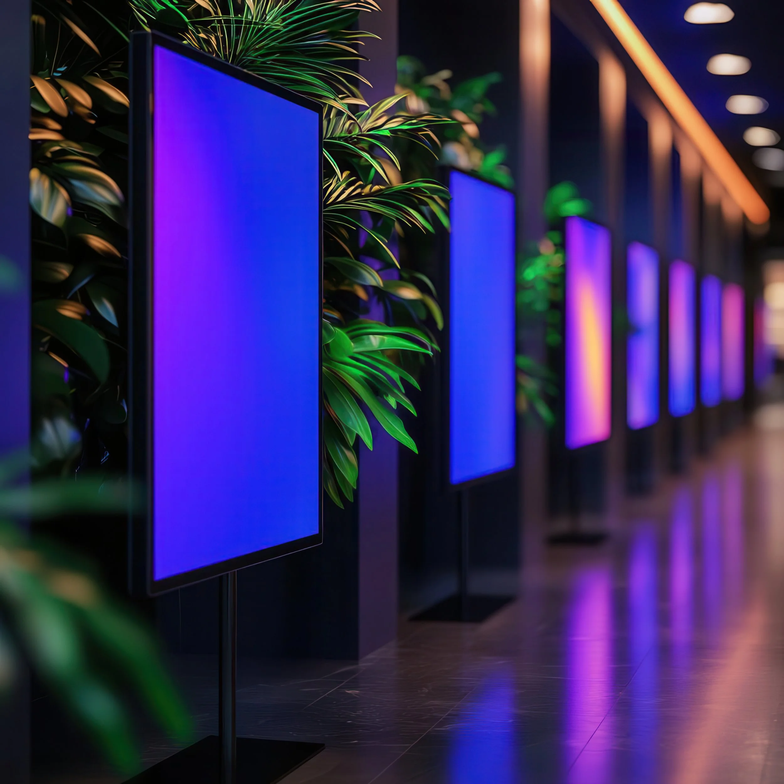 A row of digital signage displays with purple screens, arranged in a line along a dark corridor decorated with green plants and illuminated by warm overhead lights.
