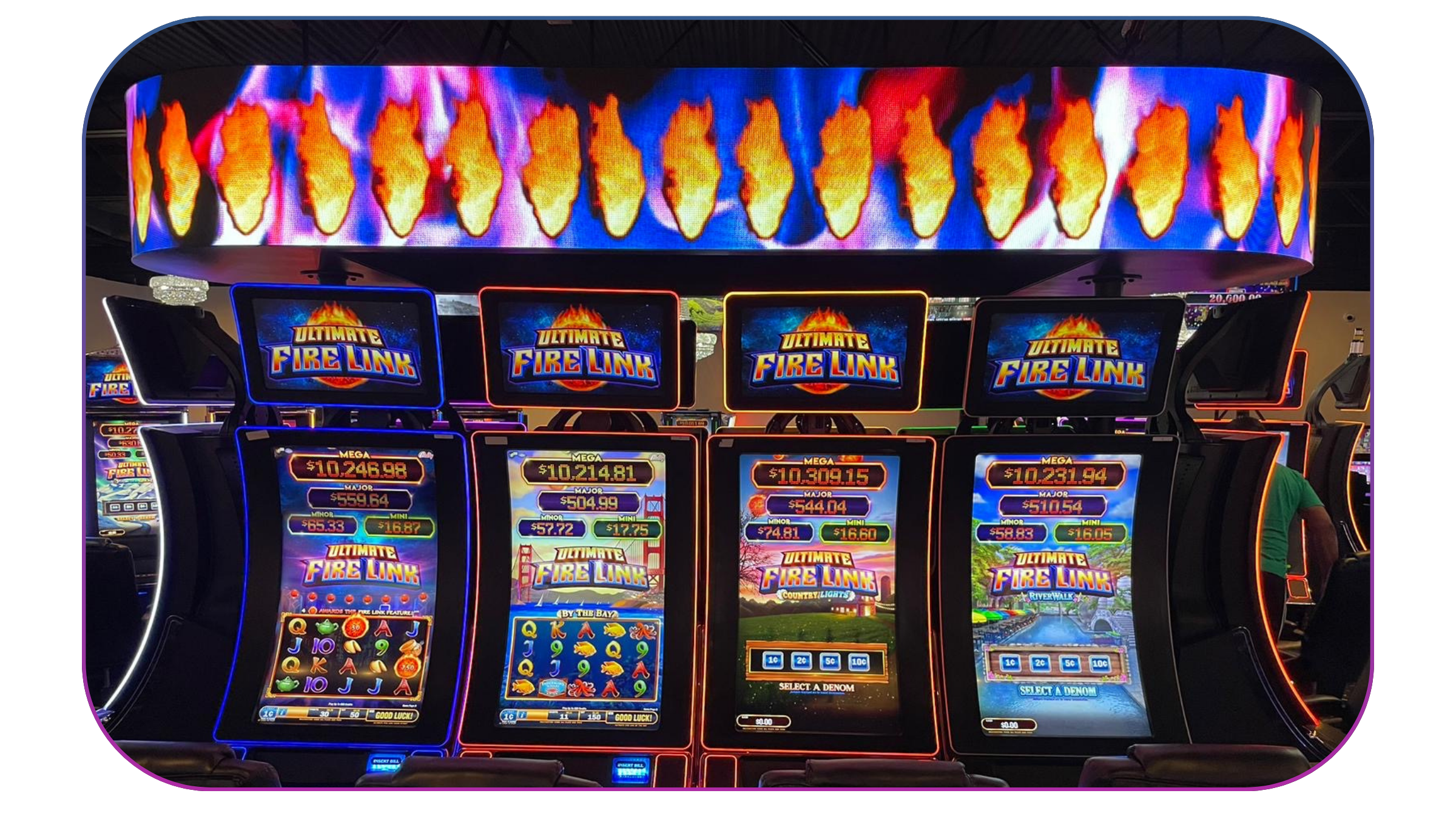 A row of four colorful slot machines named 'Ultimate Fire Link' in a casino, with digital displays showing jackpot amounts and game symbols. Overhead, a curved LED screen displays flaming torches.