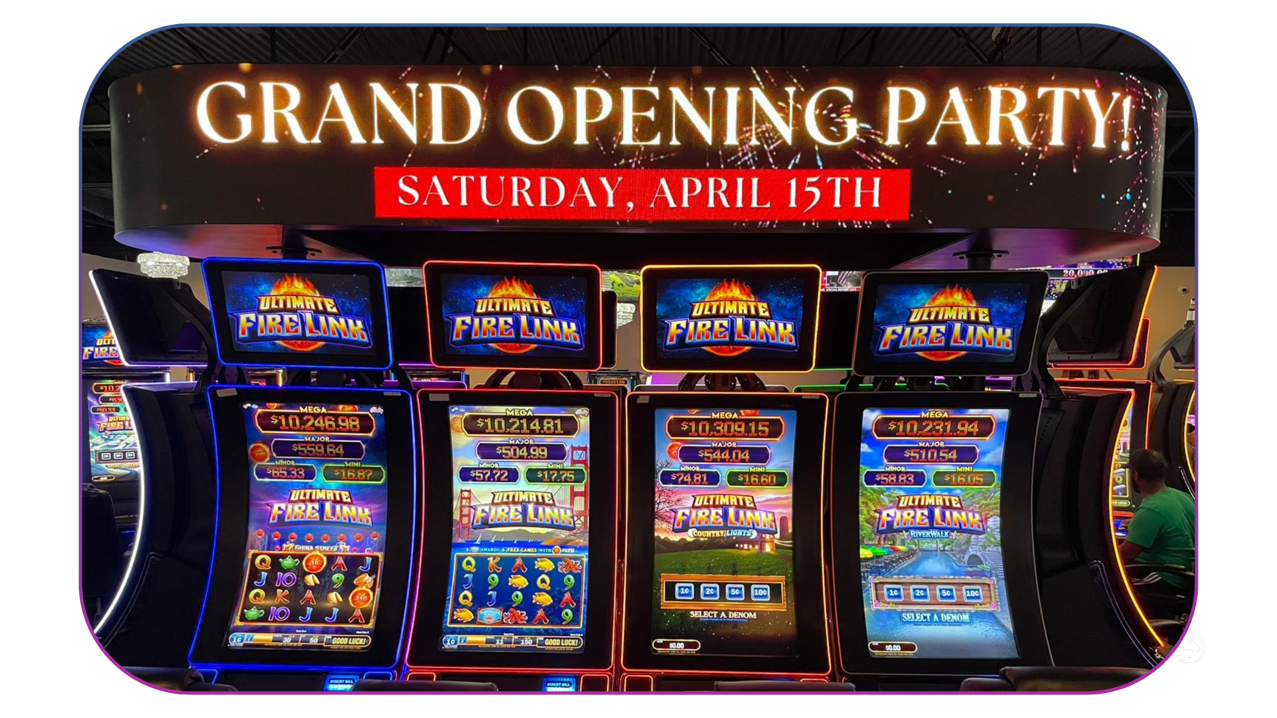 Slots machines at a casino with a large electronic sign above advertising a grand opening party on Saturday, April 15th.