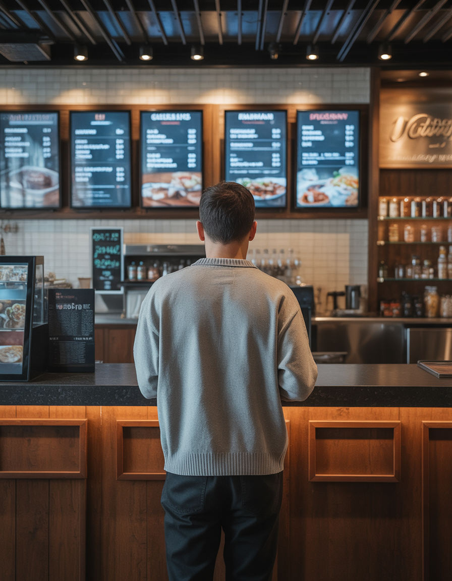 A man standing at a counter in a coffee shop or cafe, looking at the menu boards behind the counter.