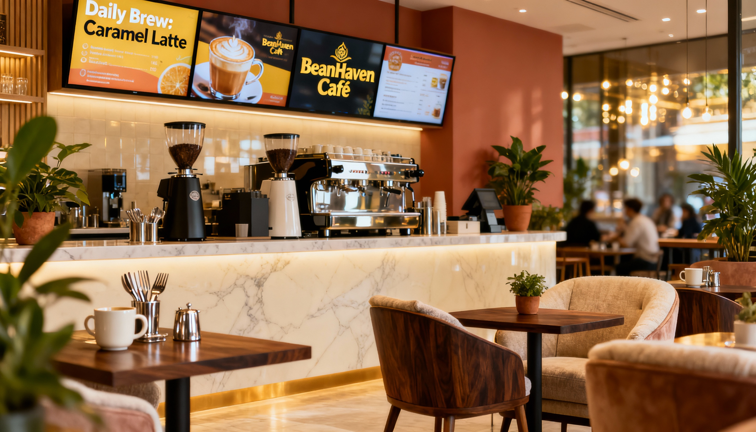 Interior of a cozy cafe with wooden tables and chairs, potted plants, a marble counter with coffee equipment, digital menu screens displaying coffee options, and a warm ambient lighting, with some customers seated in the background near large windows