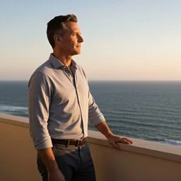 Man standing on a balcony overlooking the ocean during sunset.