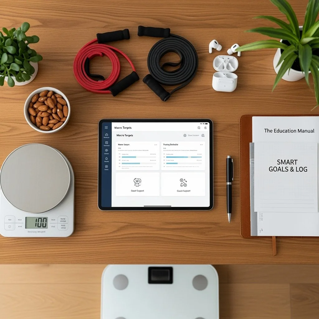 A wooden desk with various items including a potted plant, bowl of almonds, digital scale showing 100 grams, tablet displaying macro targets, fitness jump ropes, wireless earbuds, a notebook titled "SMART GOALS & LOG," a pen, and a small white device at the bottom.