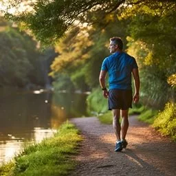 Man walking along a riverside trail surrounded by trees with fall foliage.