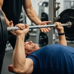 Person lying on bench press at gym, lifting barbell with weight plates while a trainer assists.
