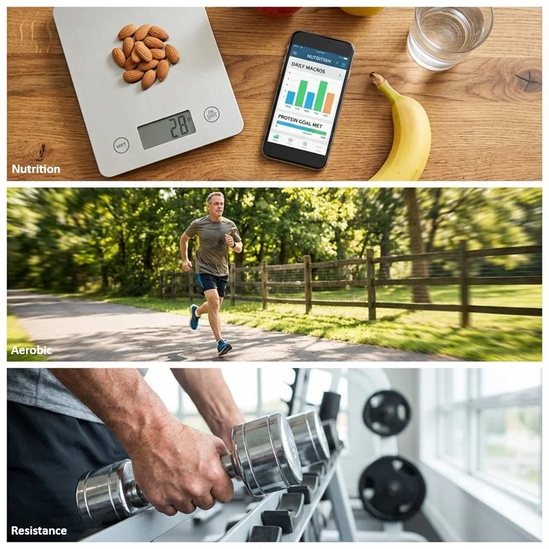Top: a digital kitchen scale with almonds, a smartphone displaying nutrition data, and a banana on a wooden table. Middle: a man jogging outdoors in a park. Bottom: a person lifting a dumbbell in a gym with weight plates in the background.