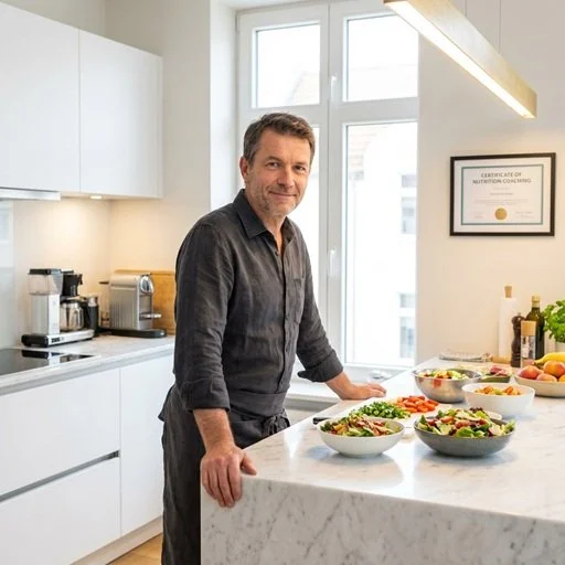 A man standing in a modern kitchen with a marble counter, surrounded by various bowls of salad and vegetables, by a large window with a diploma on the wall.