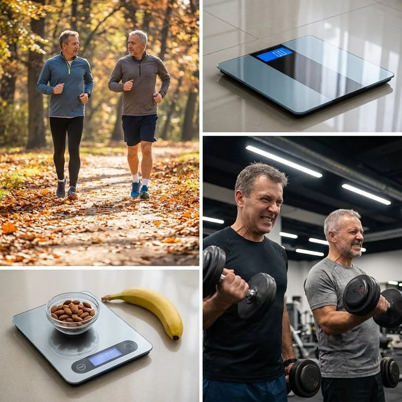 Two men jogging outdoors on a leaf-covered trail during autumn, two men lifting dumbbells in a gym, a digital weight scale with a bowl of almonds and a banana on it, and a digital weight scale.