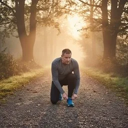 A man in a gray jacket and dark pants is crouching on a dirt path in a forest during sunrise or sunset, surrounded by tall trees and warm sunlight.