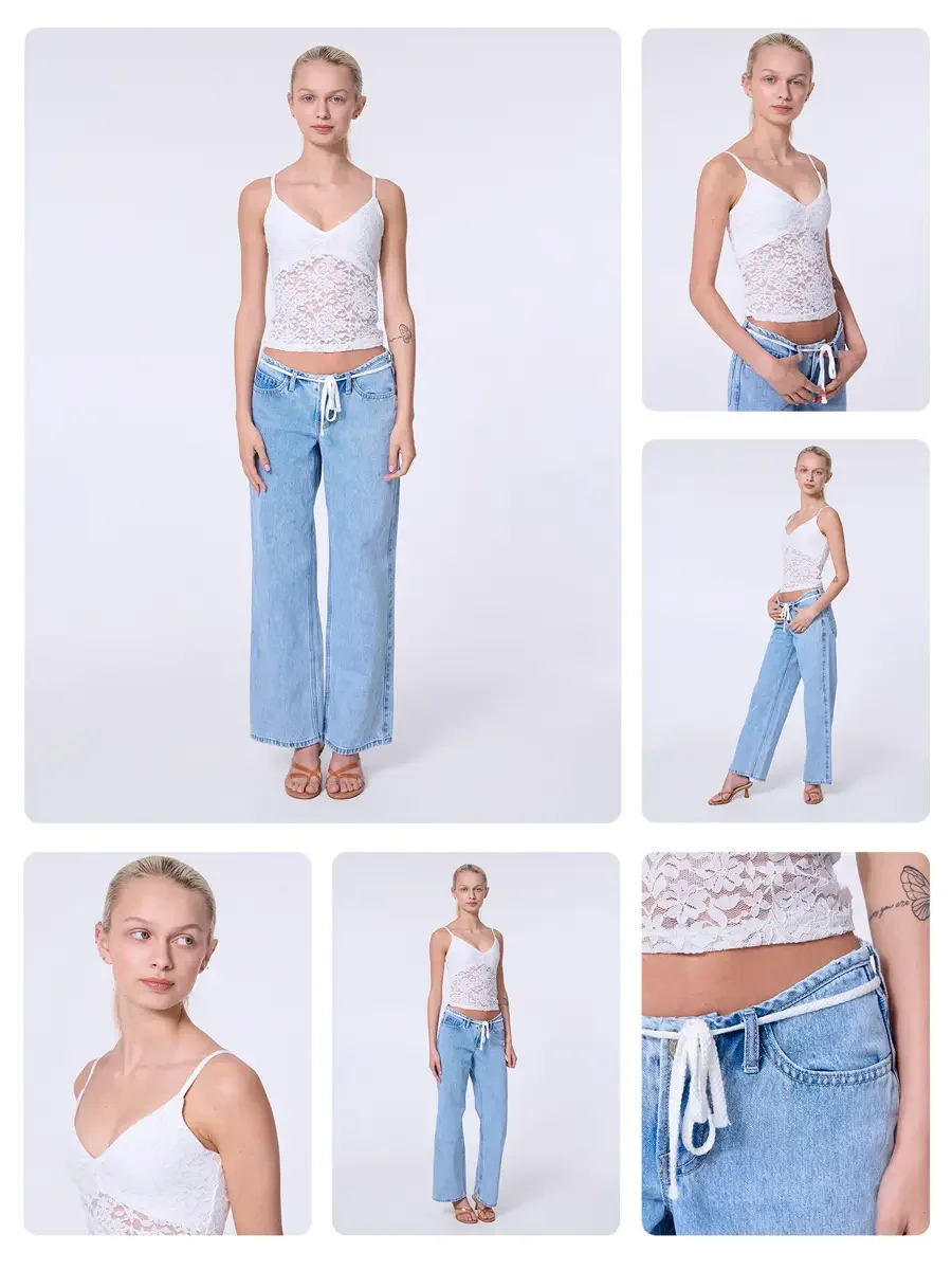 Model portfolio development comp card, commercial look, white lace crop camisole top, low-rise light wash wide-leg jeans with white drawstring detail, tan strappy sandals, hero image with alternate views and garment detail, light gray background, pho