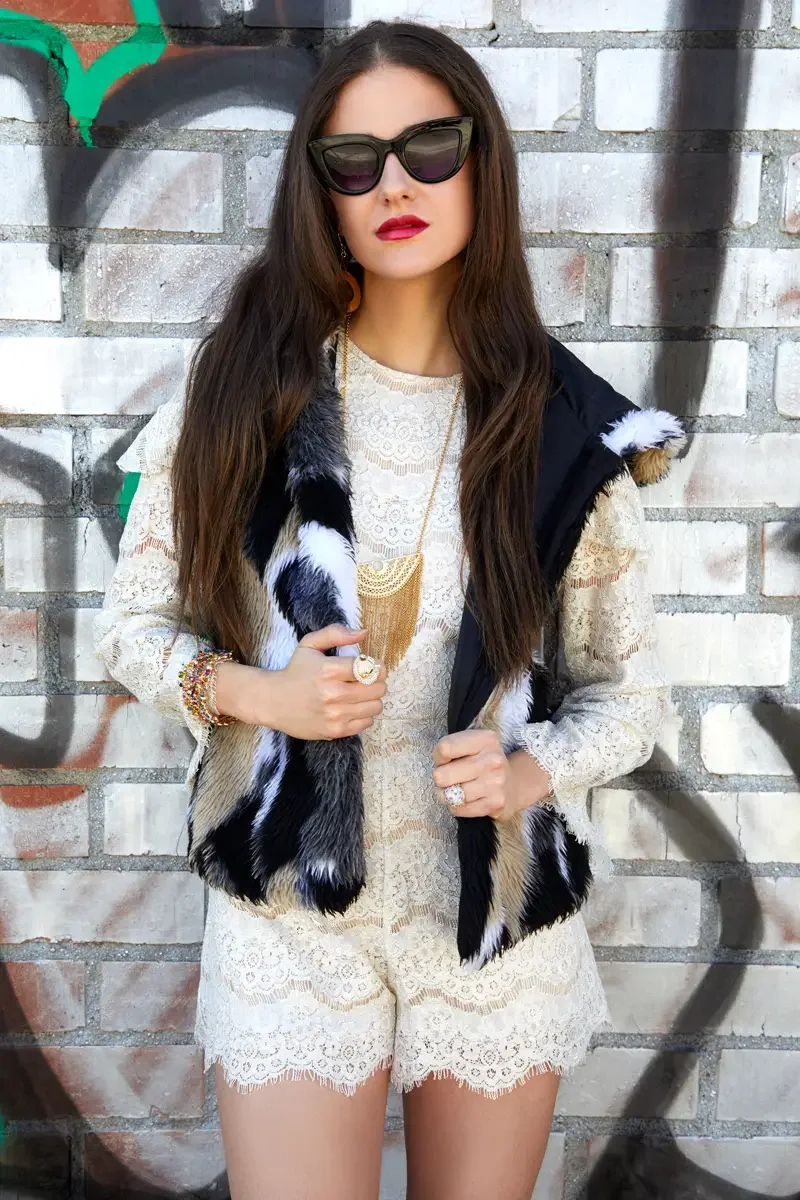 Victoria Henley, faux fur hood, cream lace romper, graffiti wall 2, Los Angeles fashion week test shoot, photographed by Scott Parker Photo