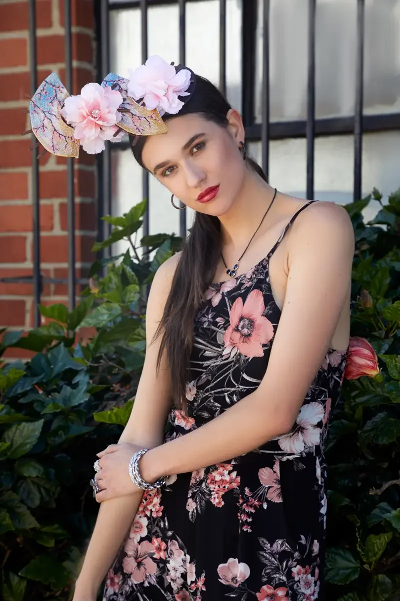 victoria-henley-test-shoot-los-angeles-floral-jumpsuit-hibiscus-detail.jpg
Alt text: Victoria Henley, black floral jumpsuit, fascinator headpiece, hibiscus flowers, Los Angeles fashion week test shoot, photographed by Scott Parker Photo