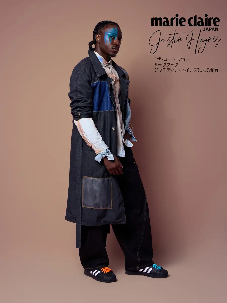 Japanese wood buttons and stitching on a black denim trench coat, three-quarter view, JUS10H Court Show lookbook