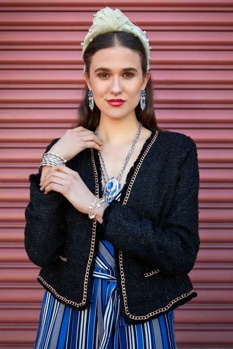 Victoria Henley, cream pearl-embellished tulle headband, art deco crystal earrings, black tweed jacket, pink corrugated metal door, Los Angeles fashion week test shoot, photographed by Scott Parker Photo